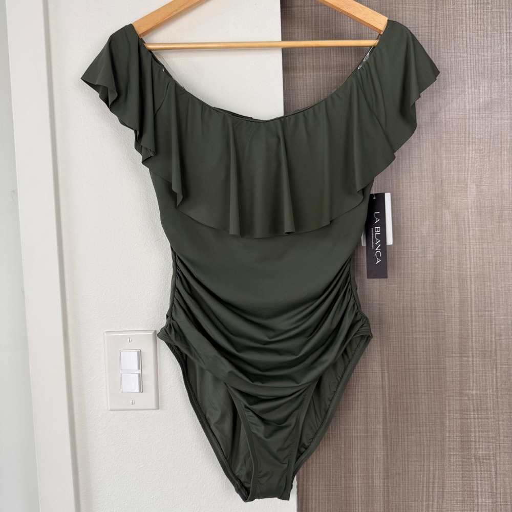 NEW La Blanca Olive Green Goddess Off The Shoulder Ruffle One Piece Swimsuit 10